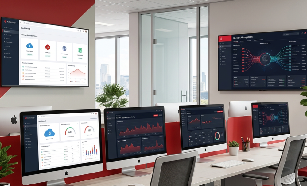 Modern office with multiple computer screens.