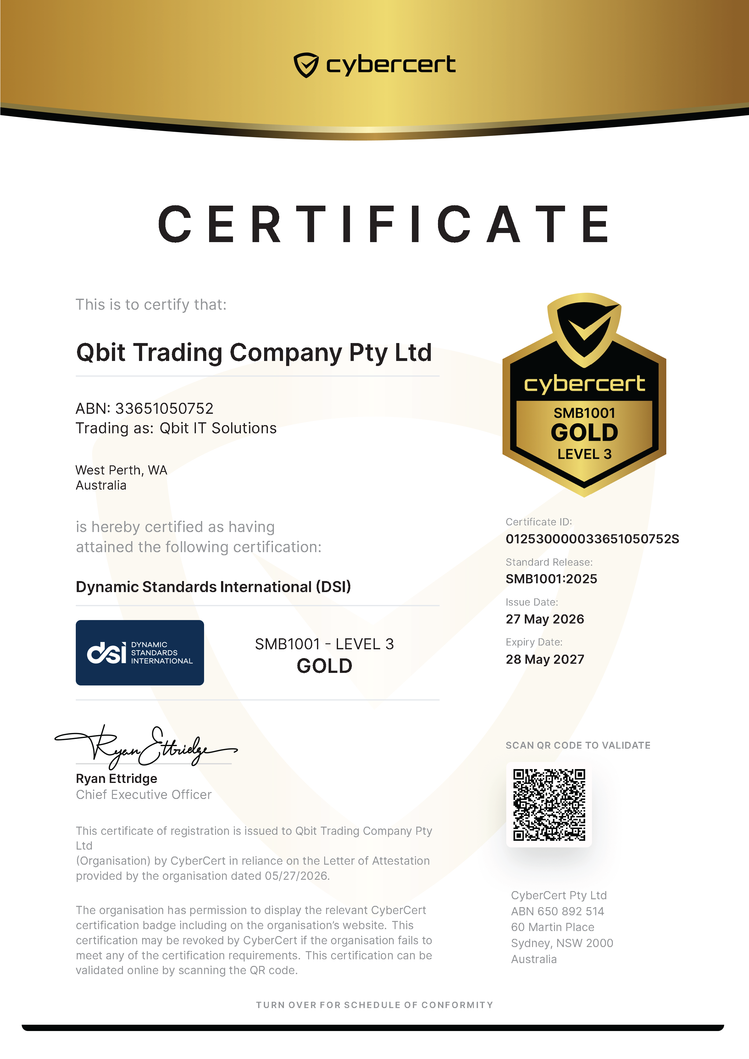 cybercert certificate SMB1001 Page 1